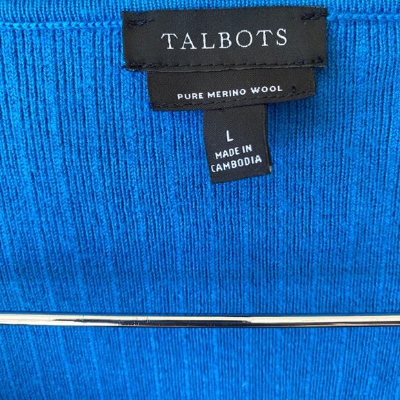 Talbots Pure Merino Wool Sweater Blue Size Large Square Neck Ribbed Long Sleeve - Picture 2 of 4